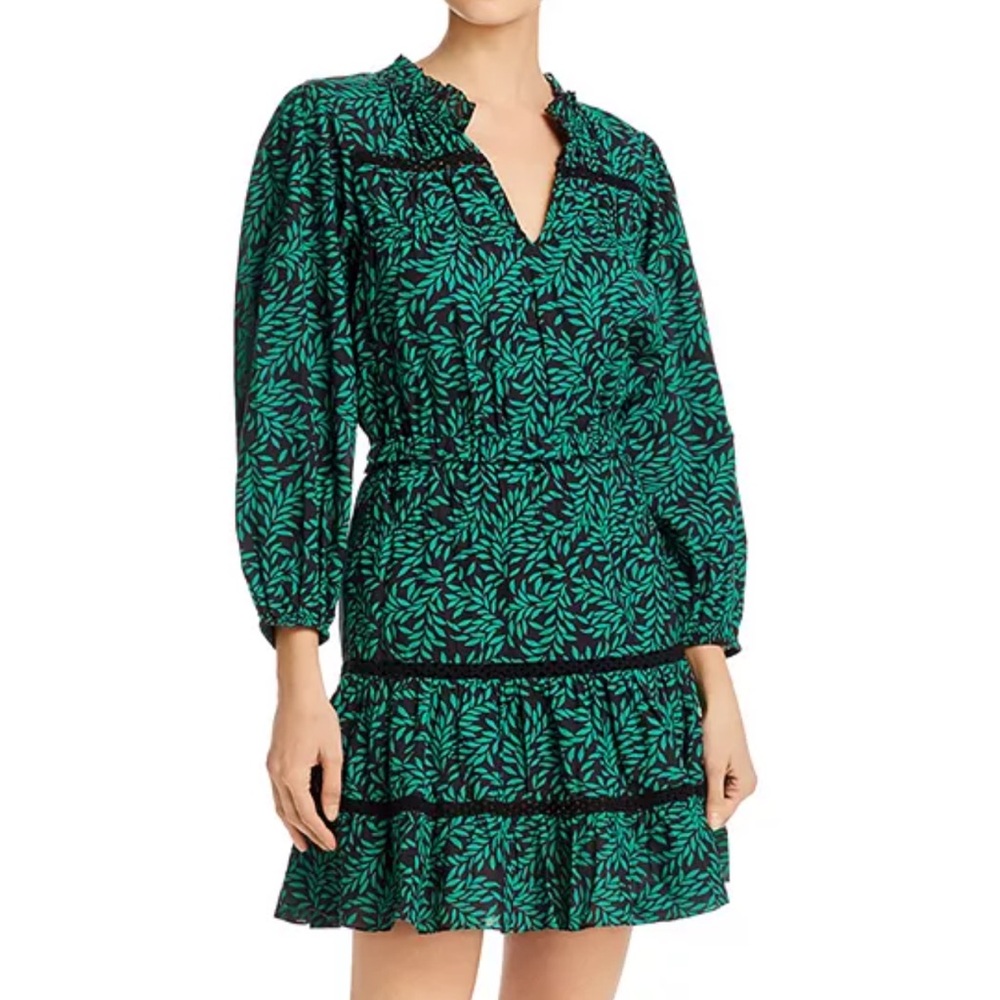 Joie Salama Crochet-Inset Green Botanical Print Lightweight 3/4 Sleeve Dress
